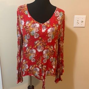 EUC Red Floral Top with Bell Sleeves